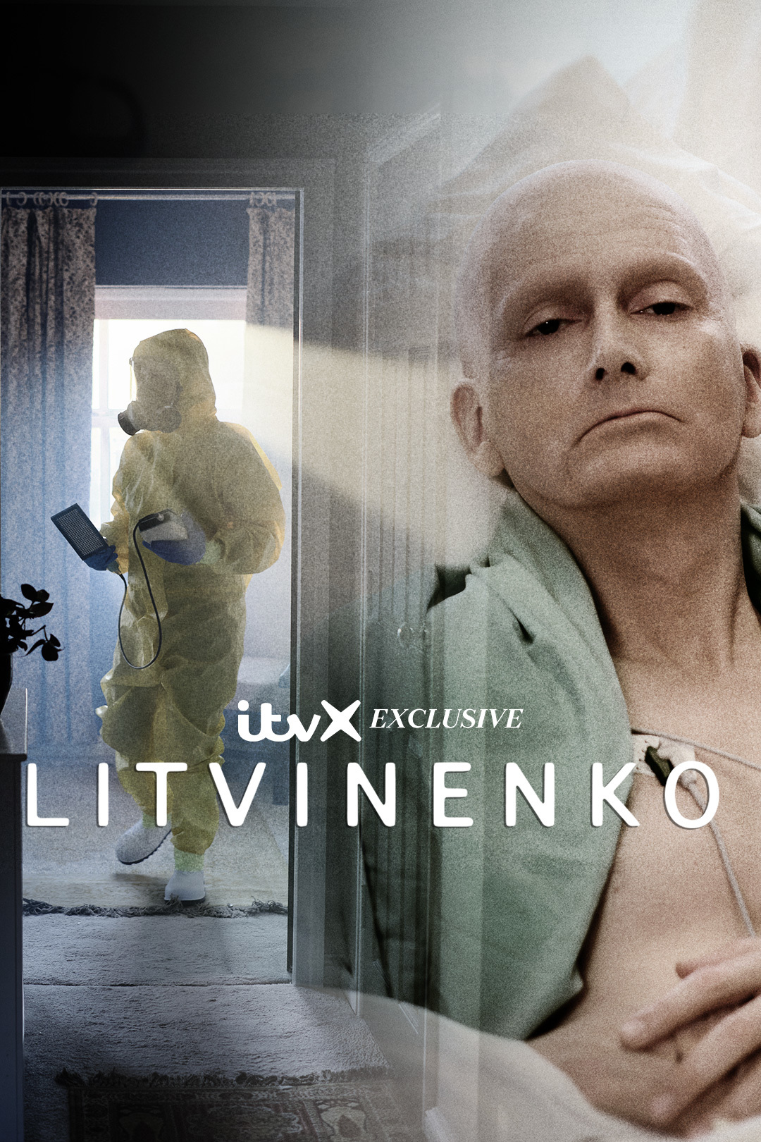 Alexander Litvinenko, the former Russian spy is in his death bead with a faded image into an investigator in a yellow protective suit investigating his dangerous radio active flat.